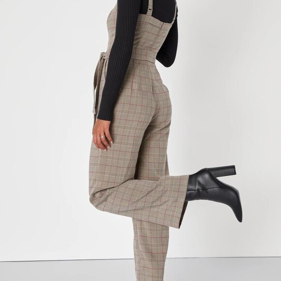 Lulus Brown Plaid Wide-Leg Sleeveless Jumpsuit Women’s XL Belted Fall Outfit - Picture 3 of 8